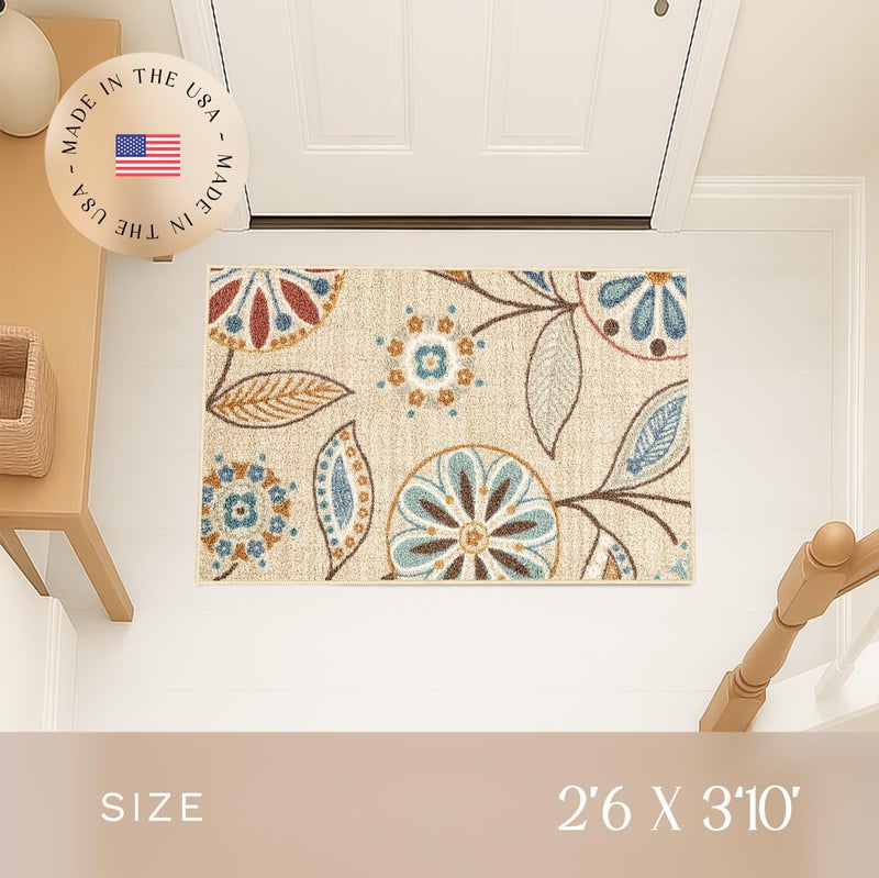 Maples Rugs Reggie Floral Kitchen Rug - Made in USA - Washable, Non Slip Indoor Carpet for Entryway, Foyer, Kitchen, and Bathroom, 2'6 x 3'10, Beige - Image 3